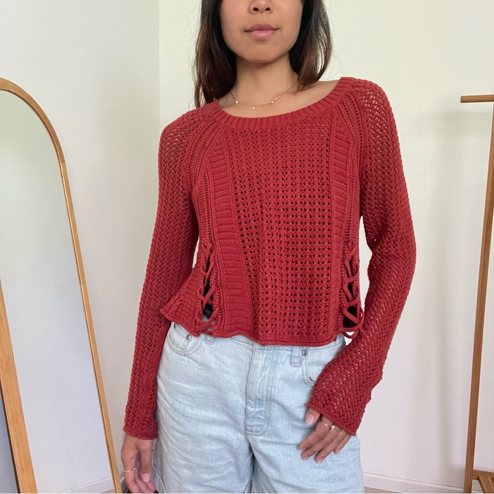 Aerie Long Sleeve Crochet Sweater